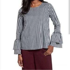 Halogen Gingham bell sleeve blouse size M